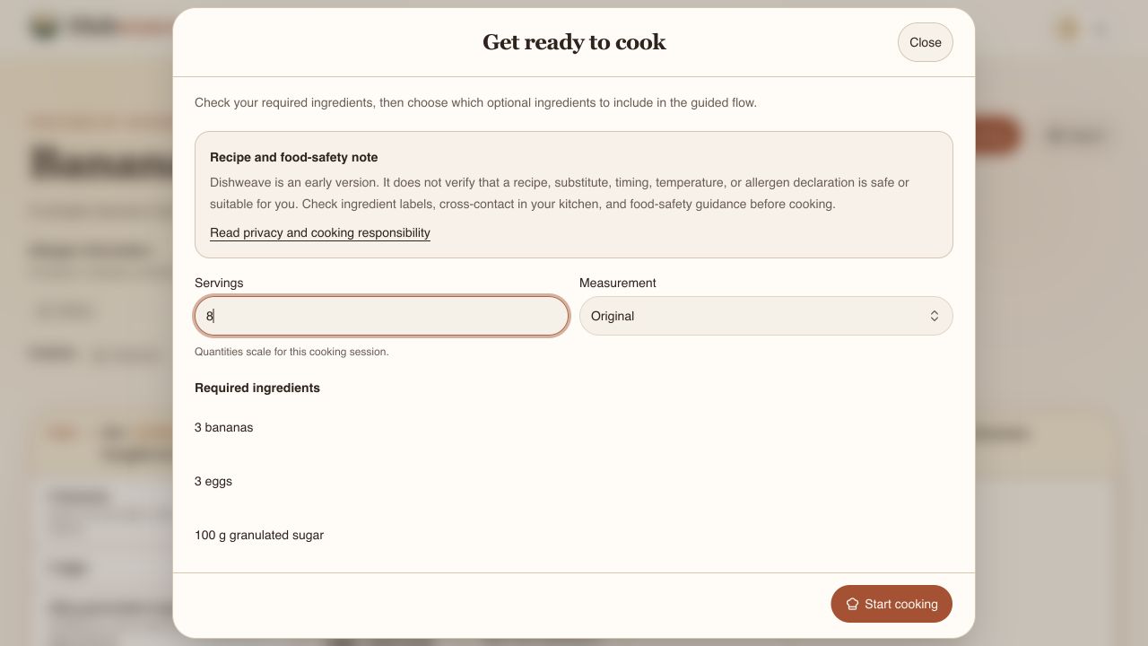 Cook Setup dialog with recipe controls on the left and ingredients in two columns on the right