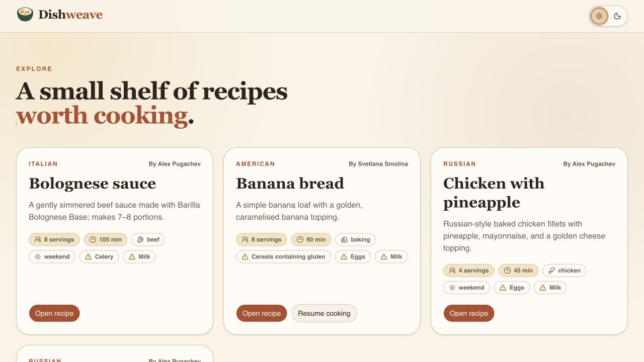 Dishweave Explore page showing four recipe cards with servings and duration