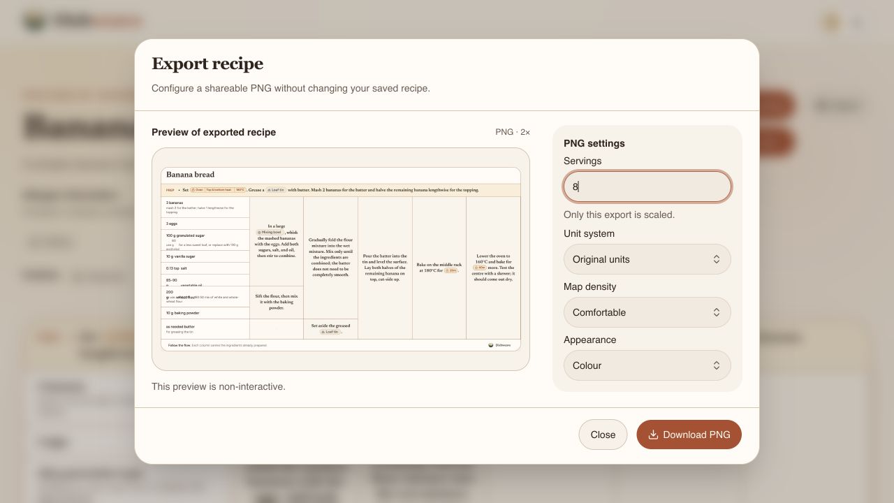 Recipe Export dialog with the PNG preview on the left and settings on the right