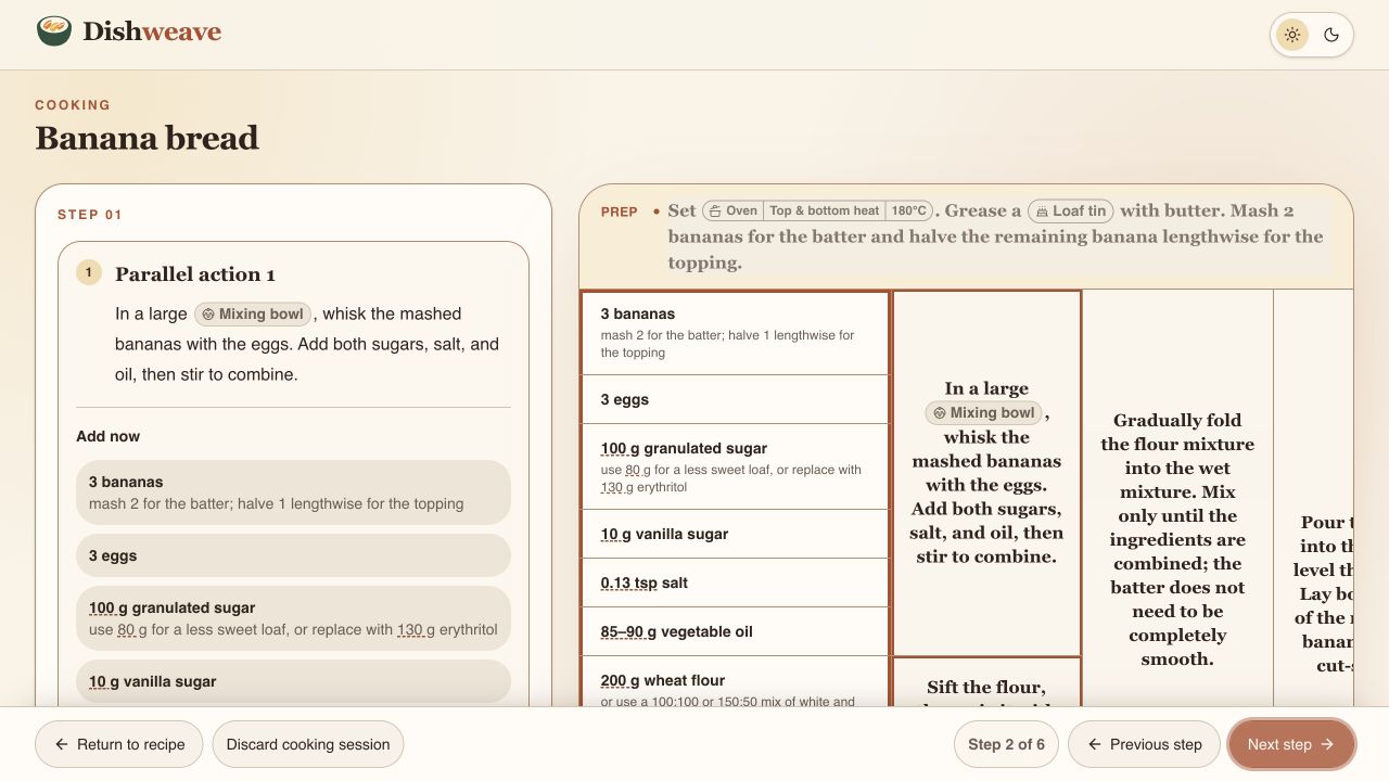 Guided cooking screen with the active ingredient path highlighted