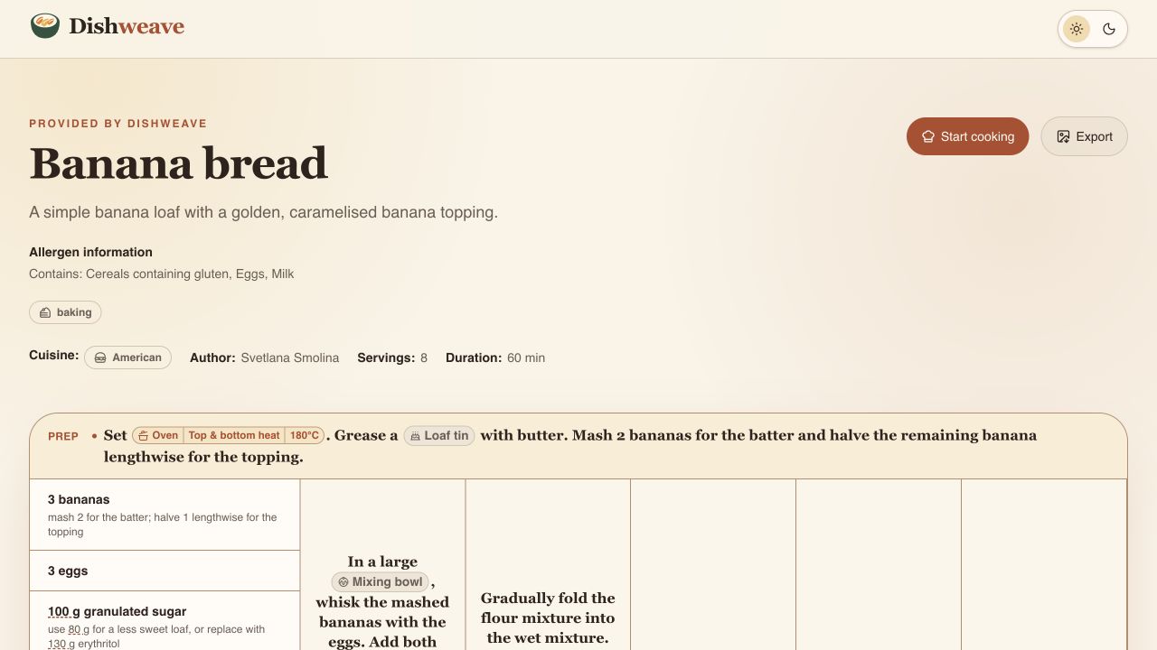 Banana bread recipe page with ingredients connected to five cooking steps